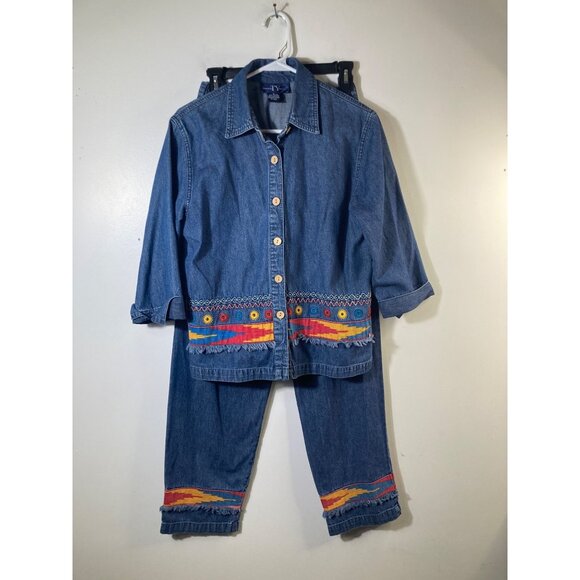 Ty Wear Pants - Womens Vintage Ty Wear 2 Piece Denim Embroidered Aztec Top Jeans 8 Blue Cotton